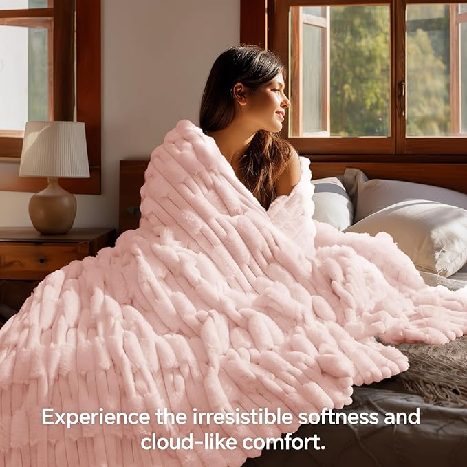 BEDELITE Faux Fur Twin Blanket for Couch - Super Soft & Cozy Plush Striped Blanket for Sofa and Room Decor, Luxury Fluffy All-Season Blankets Gift for Women, Men, Mom, Dad, 60x80 inch, Pink