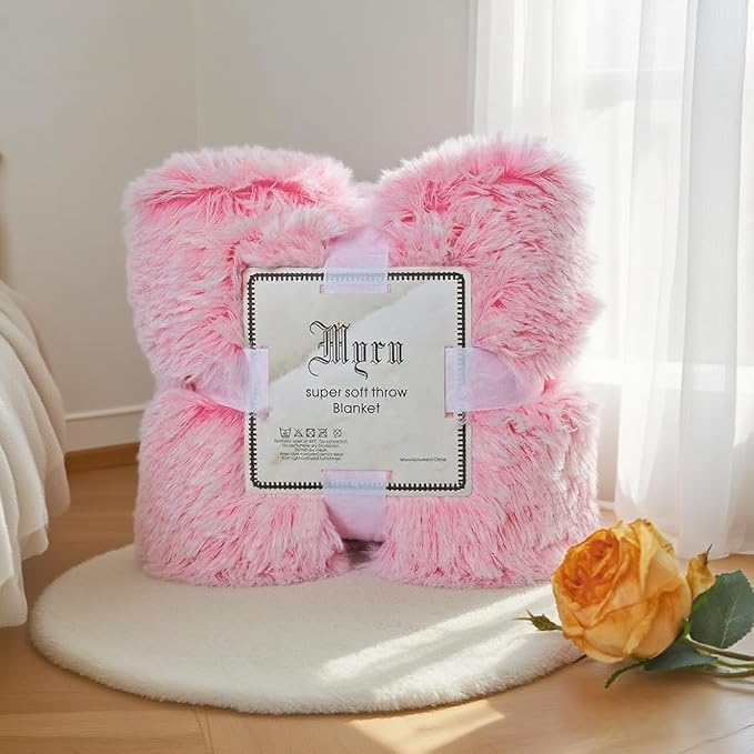 Plush Super Soft Blanket Bedding Sofa Cover Furry Fuzzy Fur Warm Throw Qulit Cozy Couch Blanket for Winter (63"x79",Pink and White)