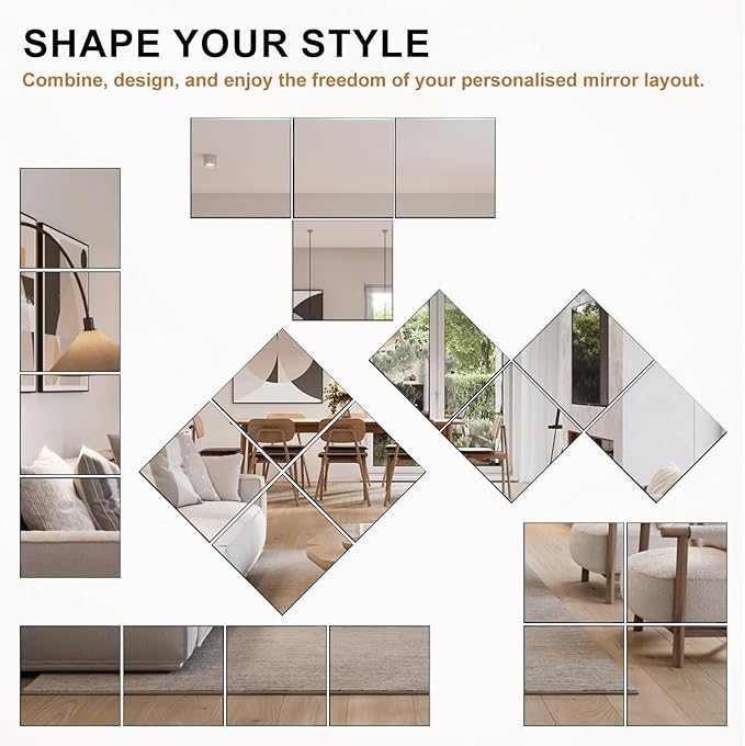 VASUHOME Glass Full Length Wall Mirror Tiles- 14x12 Inch- 8PCS Frameless Full Body Mirror for Home Gym, Bedroom, Living Room - Versatile Wall Mirror with Unrivaled Clarity