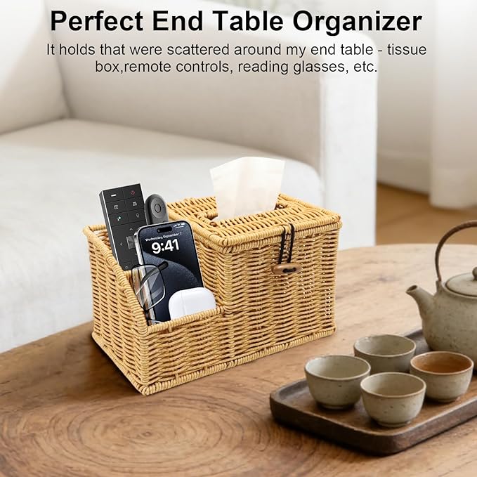 Tissue Box Cover Square, Cube Tissue Box Holder, Tissue Box Cover and Storage, Wicker Tissue Box Holder with Remote Organizer, Bedside Nightstand Organizer for Bedroom/Bathroom/Office/Countertop