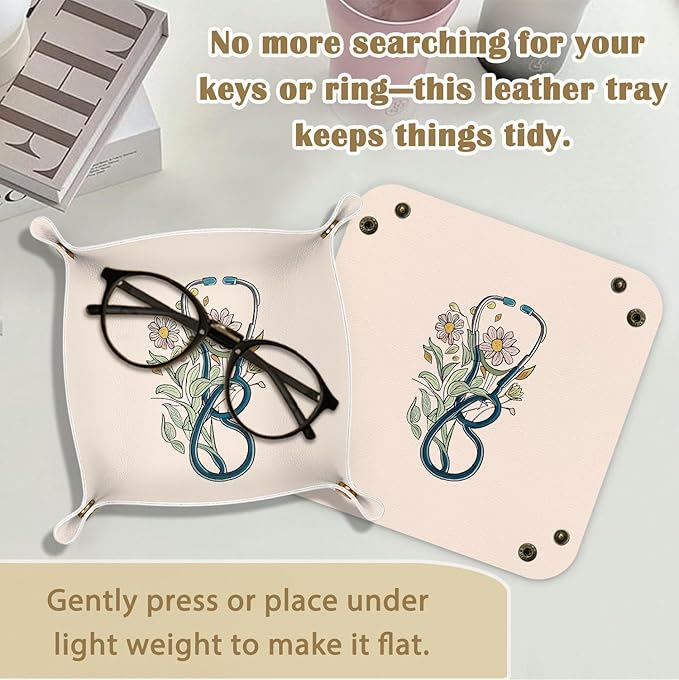 Nurse Gifts for Women,Graduation Gifts for Her, Nursing Student or Practitioner, for Nurse Week or Day,Valet Tray PU Leather Catchall Tray,Jewelry, Keys,and Accessories Organizer 7.87x7.87