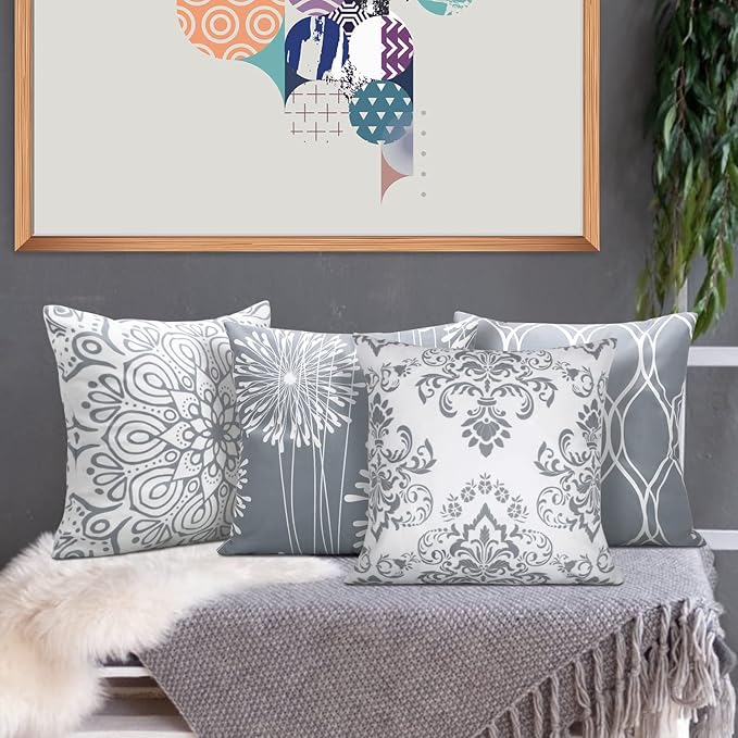Coliuso Decorative Throw Pillow Covers 20x20 Set of 4, Gray and White Modern Simple Square Pillow Case Cushion Cover for Sofa Couch Farmhouse Outdoor Living Room (Gray and White, 20"x20")