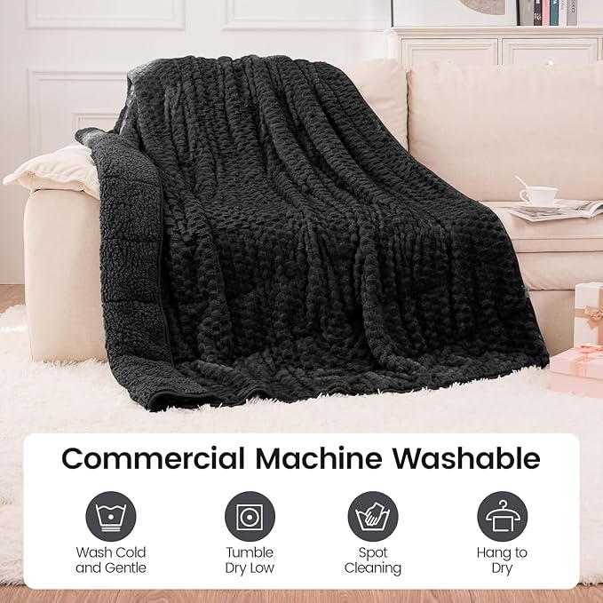 Super Fuzzy Soft Fleece Sherpa Weighted Blanket 15 lbs for Adults, 3D Imitation Turtle Shell Luxury Weighted Throw for Better Sleep, Dual Sided Cozy Heavy Blankets for Couch Bed, Black, 48" x 72"