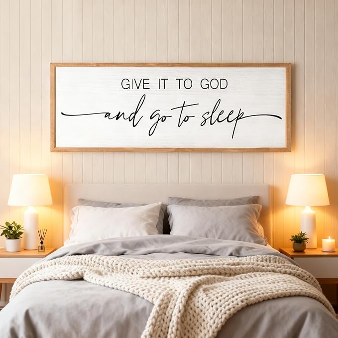 Give It to God and Go to Sleep Decorative Rustic Sign & Plaque Framed Wall Art for Couples, 40''×15'' Vintage Cottagecore Wooden Horizontal Wall Decor Above Bed, Farmhouse Wedding Gift for Bedroom