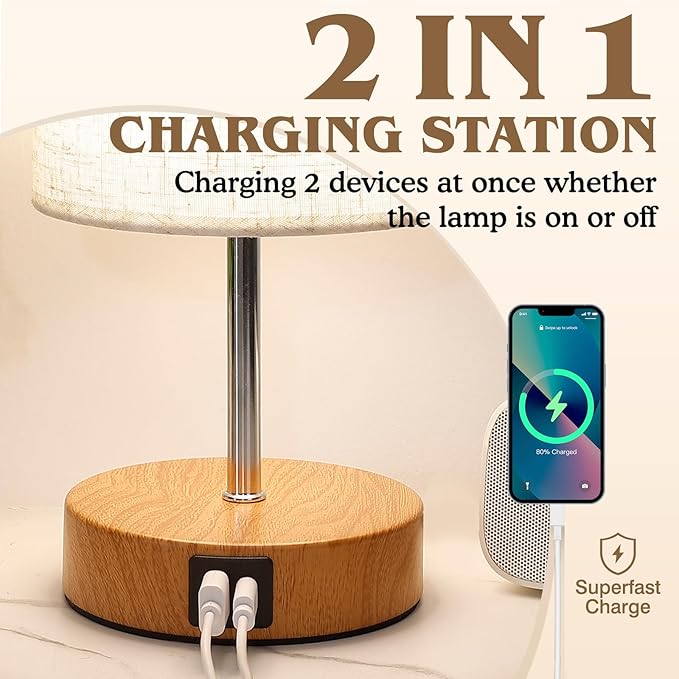 Bedside Table Lamp for Bedroom - 4 Way Dimmable Touch Lamp with USB and Type-C Charge Port,Small Wood Base Round Flaxen Fabric Shade Lamp Living Room,Bedroom Use (Yellow Base, 2Pack)