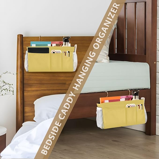 Lemon Yellow Bedside Caddy Storage Bag Bedside Organizer for Dorm Room Top Bunk Bed Hanging Bag Bedside Shelf 6 Pockets with Hooks for Glasses Book Tablet Holder