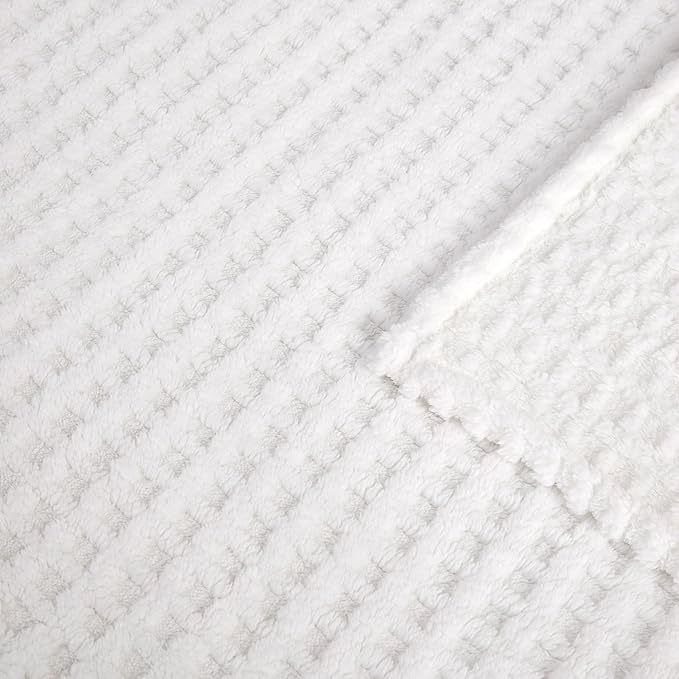 Soft Cozy Fuzzy Fleece Throw Blanket, Waffle Ivory White, 50x60 Inches – Lightweight, Fluffy, and Warm 3D Jacquard All-Season Blanket for Couch, Bed, Sofa, Home Decor, Camping, and Travel