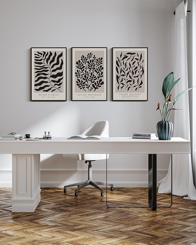 VIYYIEA Large Framed Canvas Wall Art, 3 Pcs, Living Room Modern Abstract Decor, Matisse Wall Art Bedroom Above Bed Decor, Minimalist Botanical Neutral Decorations, 16x24inch, Set of 3