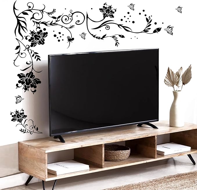 Supzone Flowers & Butterflies Wall Decals - DIY Black & Floral Wall Stickers for Bedrooms & Living Rooms
