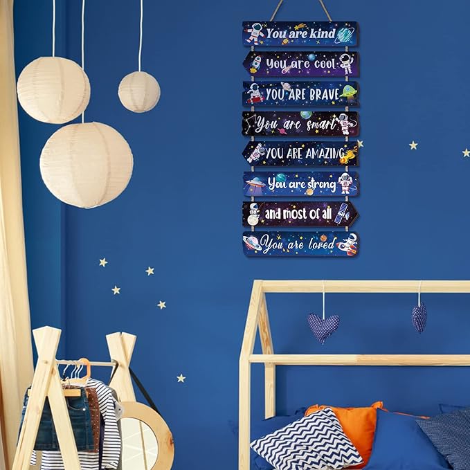 Inspirational Girl Room Decor Aesthetic Art Wall Hanging Sign Inspiring Colorful Rainbow Wooden Decoration for Kids Teens Toddler Boy Baby Bedroom Nursery Dorm Decor, 6-12 Years old (Space)