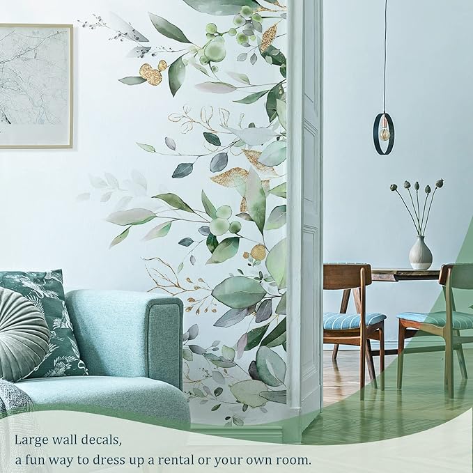 Green Plants Leaves Wall Decals Peel and Stick, Large Hanging Herbal Vinyl Wall Stickers, Removable Vine Home Decor Art for Bedroom Living Room Classroom Office