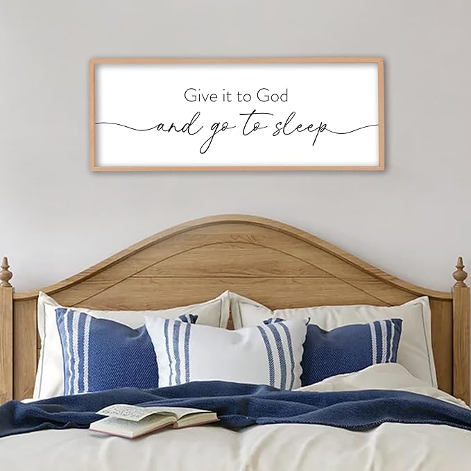 Give It To God And Go to Sleep Wall Decor 40"X15" Master Bedroom Above Bed Large Wood Framed Sign Rustic Guest Room Over Bed Wall Hanging Art (Wood)