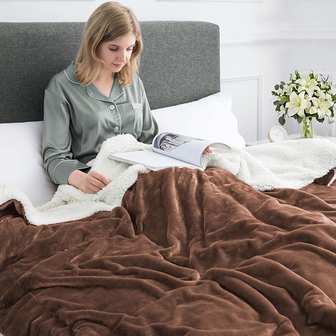 MOONLIGHT20015 Coffee Sherpa Fleece Throw Blanket for Bed - Wholesale Bulk Pack of 16 Sherpa Blankets - Soft Fluffy Throw Blankets for Hotels, Guest Bedroom, 50x60 Inches