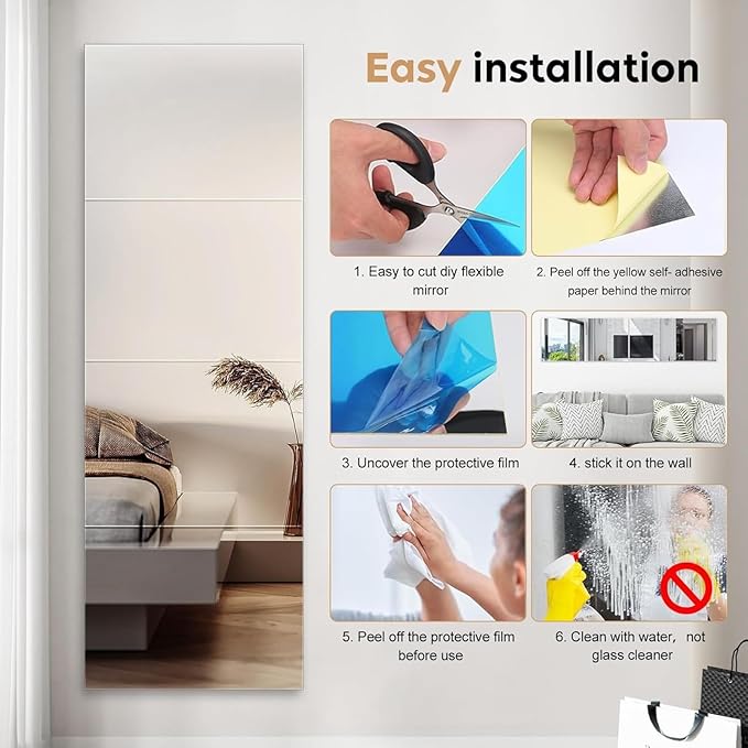 12" x 12" Acrylic Flexible Mirror Sheets, 16 Pack Self Adhesive Mirror Tiles Square Cuttable Mirror Wall Stickers, Non-Glass Plastic Mirror Stickers Safety Reflective for DIY Craft Home Wall Decor