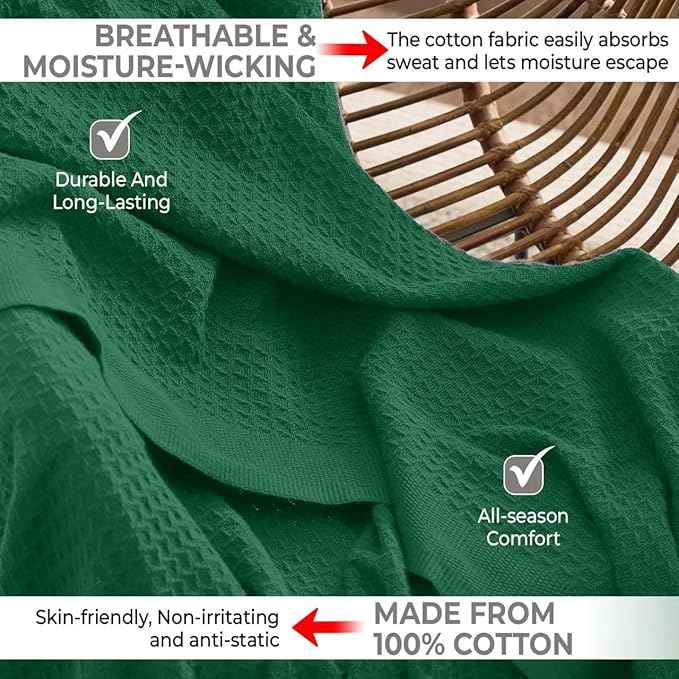 100% Cotton Blankets for Bed - Waffle Weave Blankets for Summer, Lightweight and Breathable Soft Woven Blanket for Spring (Dark Green, Throw (50" x 60"))