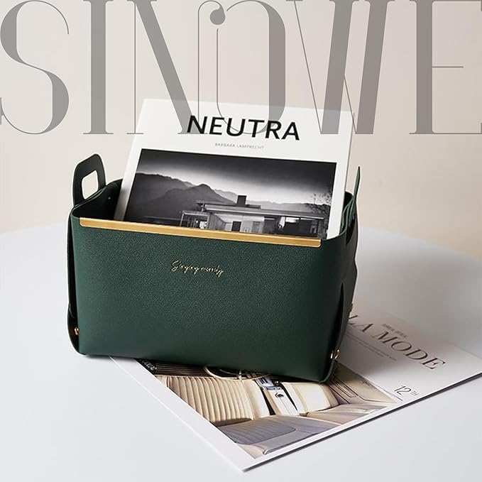 Small Basket for Organizing Makeup Snack Magzine,Folding Cube Organizer Bin with Handles,Faux Leather Decorative Tray (Dark Green)