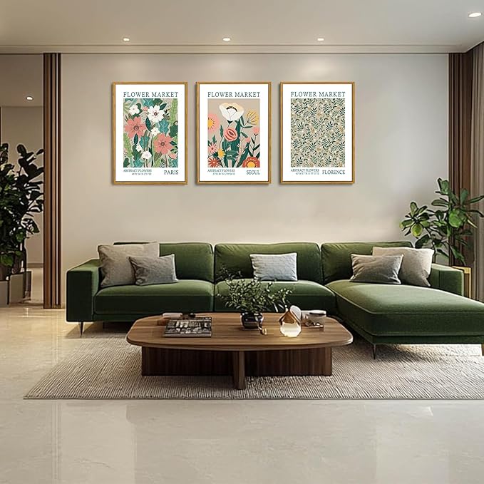 Wodkwq 3 Piece Green Flower Marker Canvas Wall Art Framed,Matisse Flowers Wall decor,Abstrsct Floral Poster,Vintage Minimalist Flowers Painting For Living Room,Bedroom,Office 16x24in