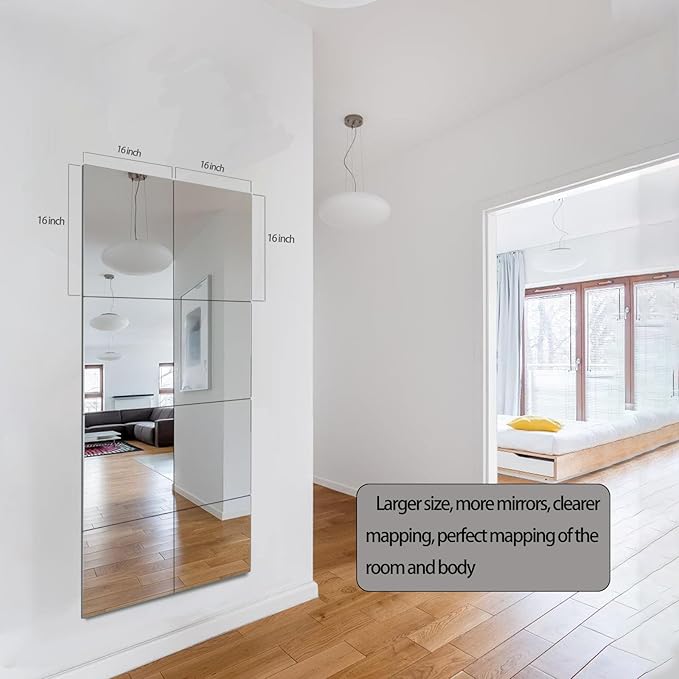 Unbreakable Wall Mirror Full Length,Over the Door Mirror for Bedroom,8Pcs 14inchx12inch Acrylic Mirror Kids,Shatterproof Plexiglass Long Mirrors,Children Non Glass Stick on Mirrors Tiles self adhesive