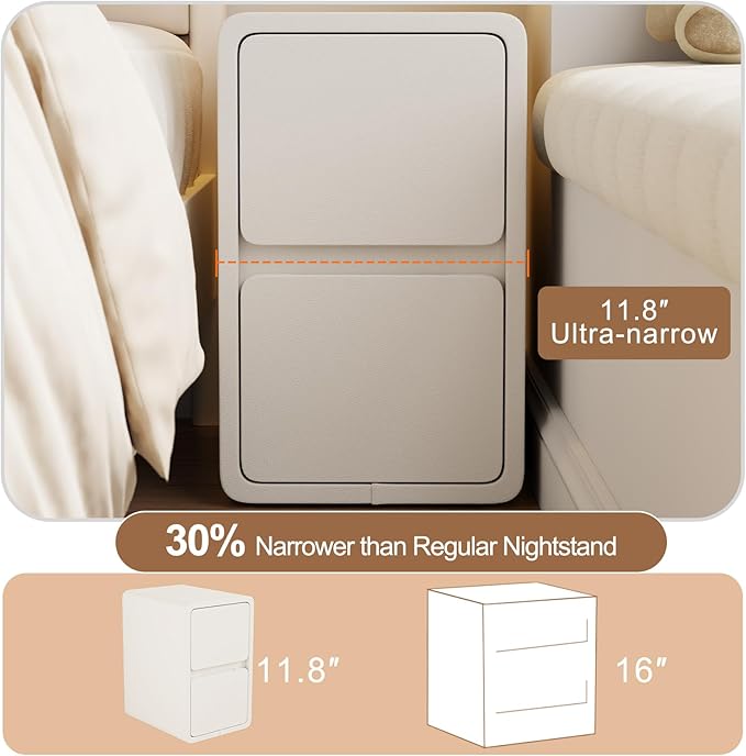 AQIMUELE Narrow Nightstand - Narrow Bedside Table with Drawers, Wood Small Nightstand with Leather Surface for Bedroom, White - 11.8" W