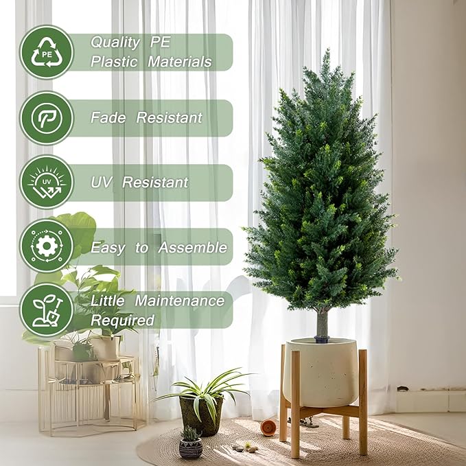 Pair Artificial Cedar Topiary Trees, 3ft UV-Resistant Faux Cypress shrubs w/Ground Spikes (Including Lights),Tall Evergreen Decorative Plants for Outdoor & Indoor Porch, Patio, and Garden