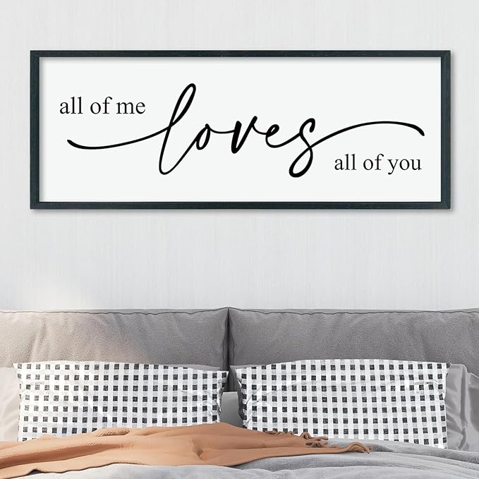 LuZhiQiang All Of Me Loves All Of You Wall Decor Art 40"×15" Master Bedroom Above Over Bed Sign Romantic Minimalist Love Quotes for Couples Large Framed Wooden Wall Hanging (Black)