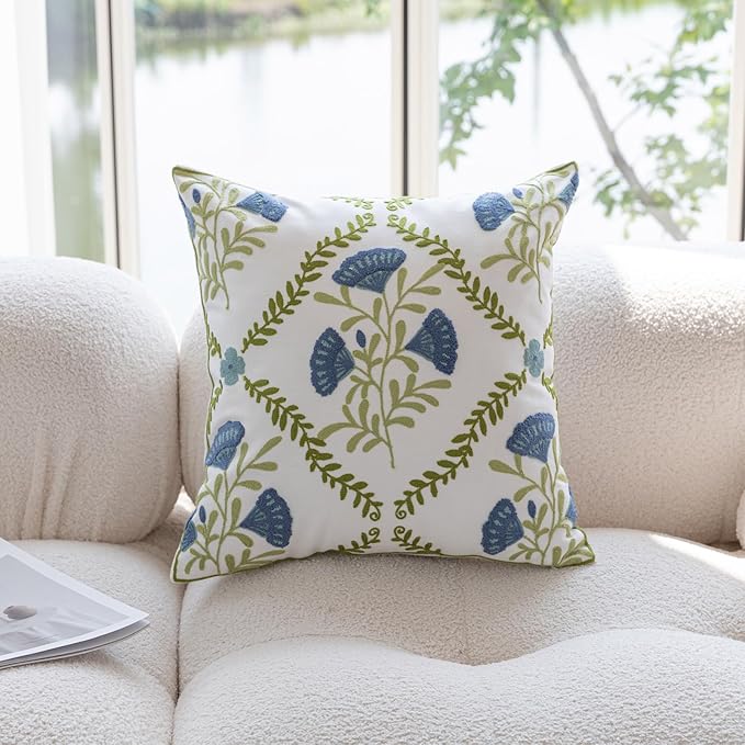 YIcabinet Pillow Covers Set of 2, Embroidered Blue Flower Pattern Throw Pillow Cover,Square Cotton Cushion,Pillow Case for Sofa Bedroom Couch,18"x18"