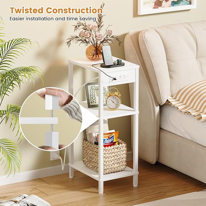 Tall End Table with Charging Station and USB Ports, 3 Tier Narrow Tall Bedside Table with Storage, Slim Nightstand with Outlets for Bedroom, Living Room, Nursery, Office, White