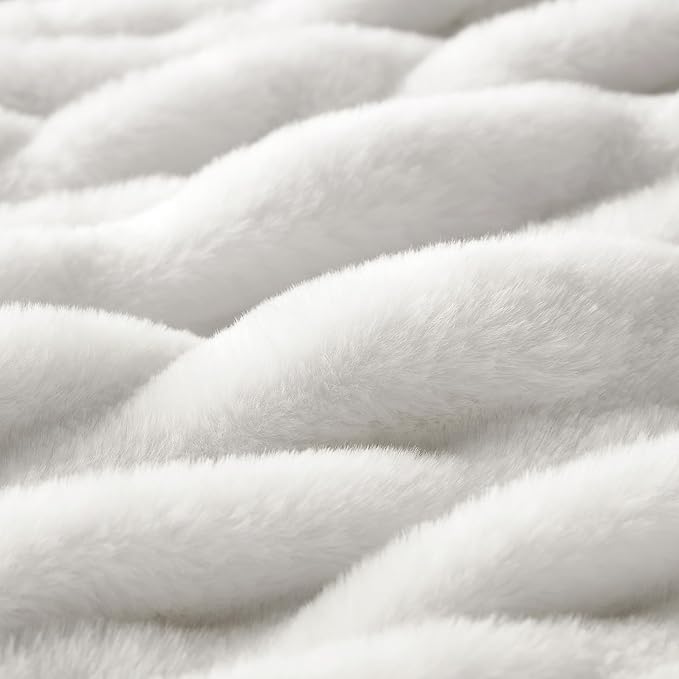 WDCOZY Ruched Faux Fur Throw Blanket Soft Cozy Fluffy Luxurious Blankets Couch Bed Sofa Chair Home Decor Warm Furry Fall Winter Plush Rabbit Fur Bubble Blanket 60" x 80", Ivory Cream White
