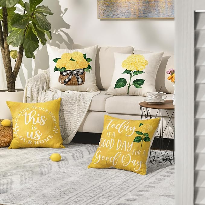 AVOIN colorlife Yellow Hydrangea Summer Throw Pillow Covers, 18 x 18 Inch Today is A Good Day Dark Yellow Cushion Case Decoration for Sofa Couch Set of 4