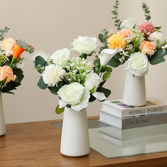 Fake Flowers with Ceramic Vase, Artificial Silk Roses in a Vase, Faux Flowers Plants Arrangements for Centerpiece Table Decorations, Living Room Bathroom Dining Table Home Décor(White)