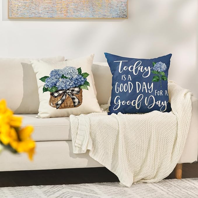 AVOIN colorlife Blue Hydrangea Spring Summer Throw Pillow Covers, 16 x 16 Inch Today is A Good Day Dark Blue Cushion Case Decoration for Sofa Couch Set of 4