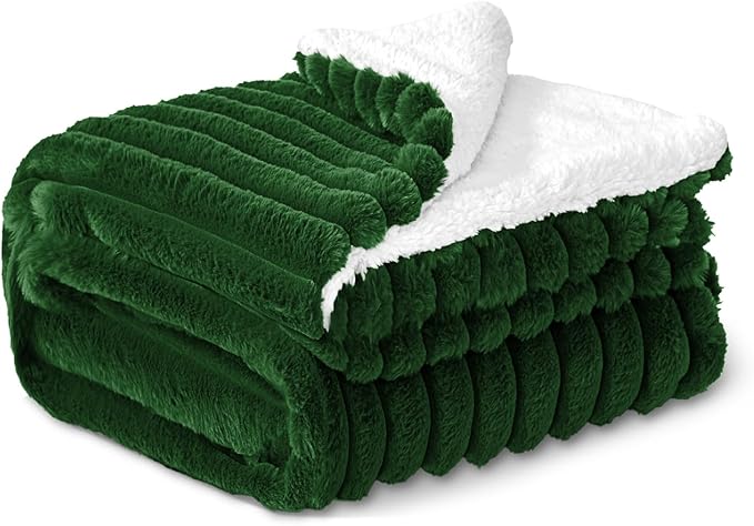 INFIIXSO Sherpa Throw Blanket for Couch - Super Soft & Warm Striped Fleece Blanket, Cozy Plush Fluffy Blanket All Season Use (Dark Green, 50x60 Inches)