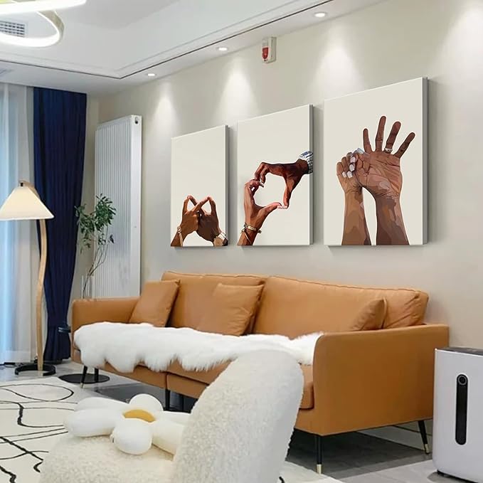 3Pcs Black Couple Canvas Wall Art Holding Hands Heart Love Wall Decor Afro Women Men Poster Prints for Living Room Bedroom Bathroom Decorations (16x24in Canvas)