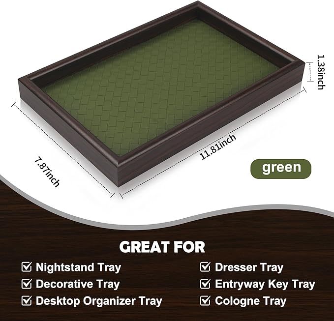 Zosenley Wooden Valet Tray with Leather Base - Nightstand Catchall Organizer for Cologne, Perfume, Keys, Wallet, Phone, Watch, Jewelry & Sunglasses (2Pcs Green)