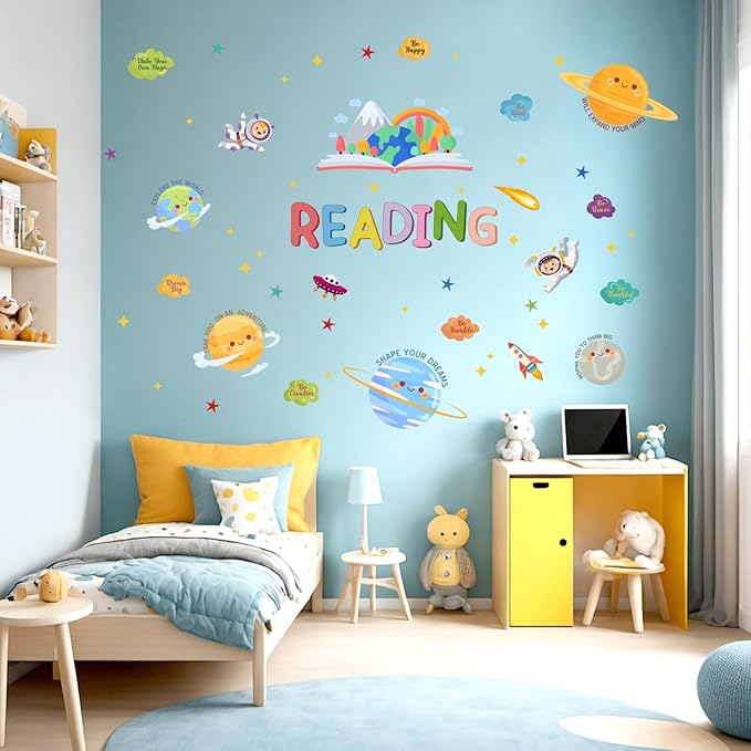 HLNIUC Reading Wall Decor 61pcs Inspirational Wall Decal Cartoon Universe Themed Motivational Art Sticker Colourful Positive Saying Peel and Stick Sticker Decoration for Kid Classroom Reading Corner
