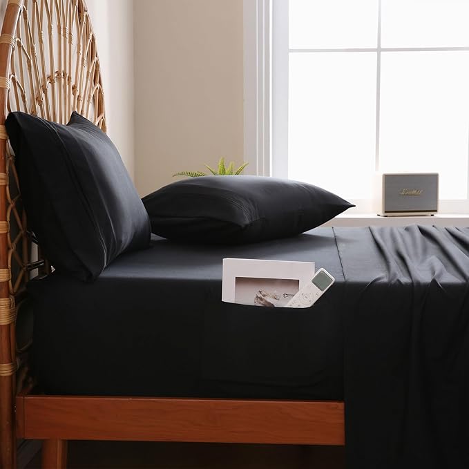 JSD Black Queen Sheet Set with Side Pocket Corner Straps, 4 Piece Soft Microfiber Bed Sheets Extra Deep Pocket