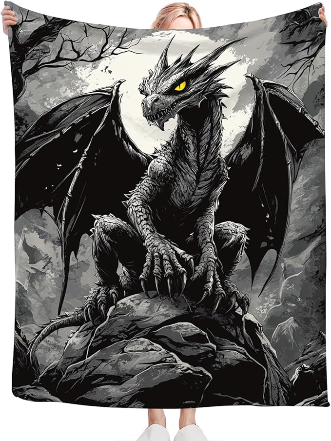 Black Dragon Blanket for Girls Women Boys Men Adults Kids Soft Cozy Fleece Cool Dragon Lovers Throw Blankets Gifts Warm Flannel Plush Lightweight Decor for Couch Bed Sofa 60"X50"