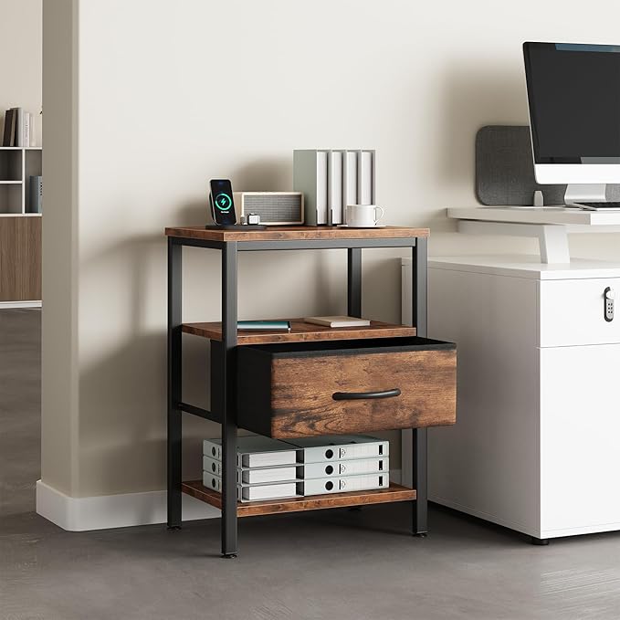 DUMOS Bedside Table with Charging Station and Adjustable Fabric Drawer Compact Nightstand 3-Tier Storage Organizer End Table for Bedroom,Brown