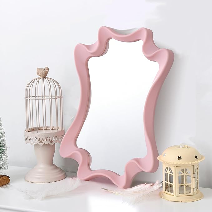 Funerom 15.8 x 11.8 inch Irregular wall Mirror Small wall Mirror Wavy Mirror Pink