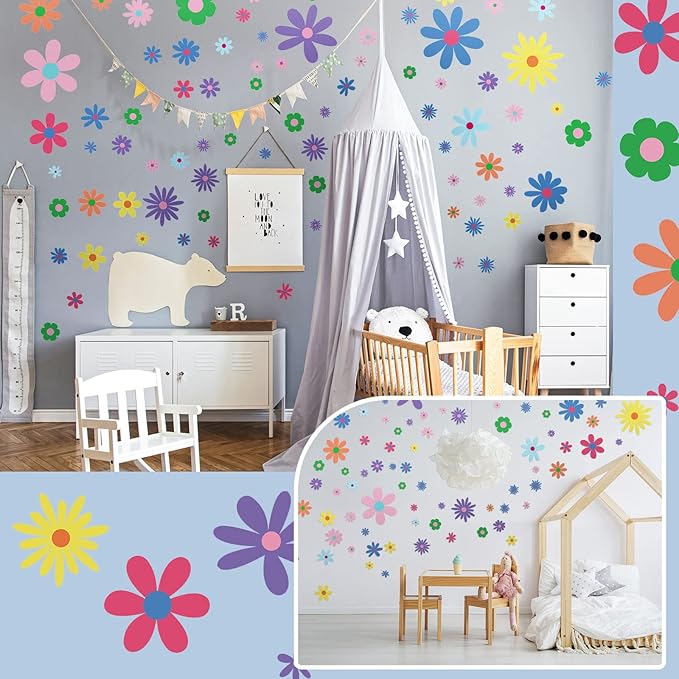 Kisston 90 Pcs Daisy Wall Decal Alphabet Vinyl Wall Decals Boho Decal Daisy Stickers Boho Groovy Floral Stickers for Nursery Art Bedroom Classroom(Bright)