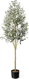Waterproof Artificial Olive Tree, 7 FT Tall Faux Olive Tree for Home Indoor Decor, Floor Plant with Textured Leaves Fruits, Realistic Wood-Grain Trunk, Fake Plant for Living Room Bedroom Office