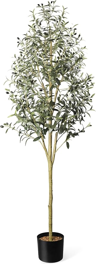 Waterproof Artificial Olive Tree, 7 FT Tall Faux Olive Tree for Home Indoor Decor, Floor Plant with Textured Leaves Fruits, Realistic Wood-Grain Trunk, Fake Plant for Living Room Bedroom Office