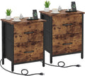 Vagusicc Nightstand Set of 2 with Charging Station, End Table Bedside Table with Power Outlet & USB Ports, Side Table with 2 Fabric Drawers for Bedroom, Living Room, Rustic Brown