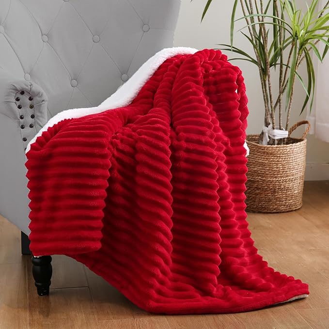 Red Sherpa Fleece Throw Blanket 60”×80” for Couch Sofa Bed,Double Side Soft Fuzzy Cozy Plush Thick Flannel Blanket with Striped Design,Gift for Adults,Woman,Girls