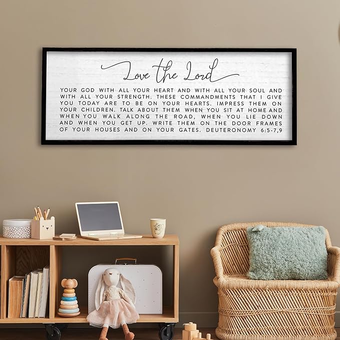 TQianJiang Christian Scripture Wall Decor Bible Verse Sign 32"×12" Deuteronomy 6:5-7,9 for Catholic Home Living Room Jesus Wall Art Large Wood Framed Family Plaque Horizontal Hanging (Black)