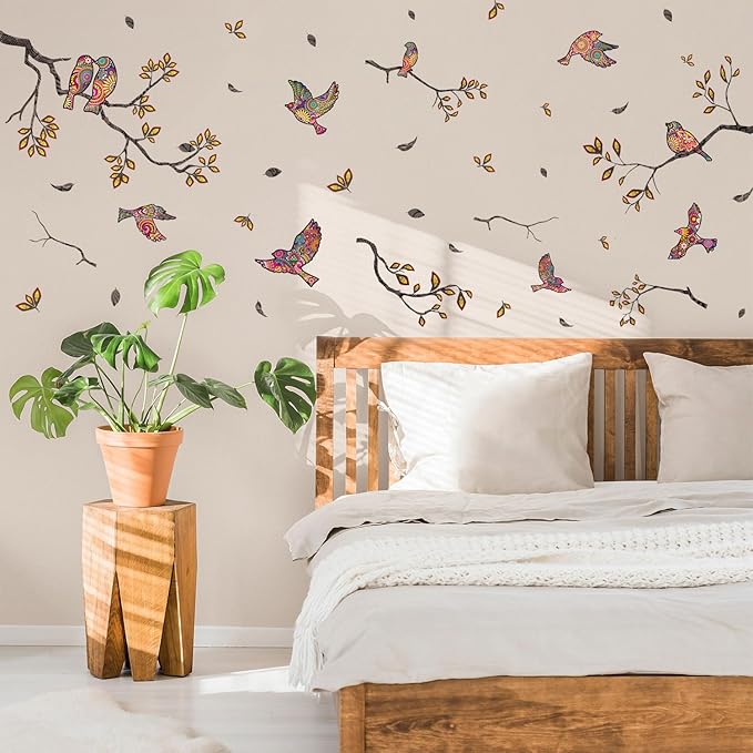 HLNIUC Chinoiserie Birds on Branches Window Clings 35”x12”Tree Branch and Bird Wall Decals in Colorful Flower Pattern Spring Summer Hummingbird Room Sticker DIY Floral Bird Wall Stickers for Bedroom
