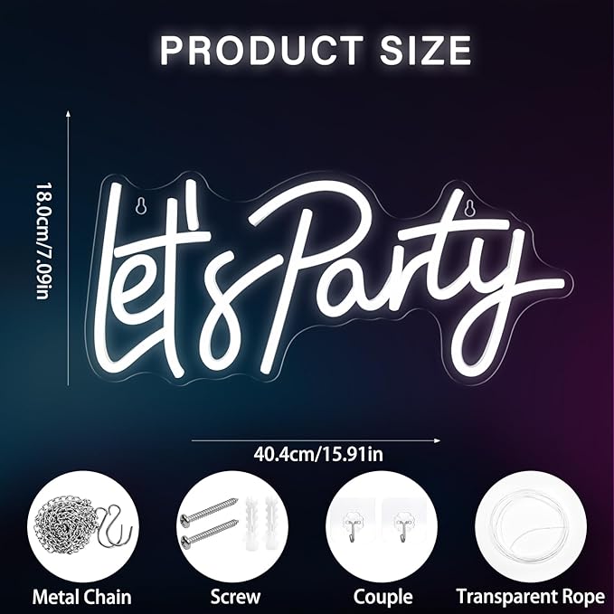 Let's Party Neon Sign for Wall Decor, LED Dimmable Let's Party Neon Light Up Sign Art Decorative Lights for Birthday, Wedding, Bachelorette, Engagement Party Decorations 15.91x7.09Inch White