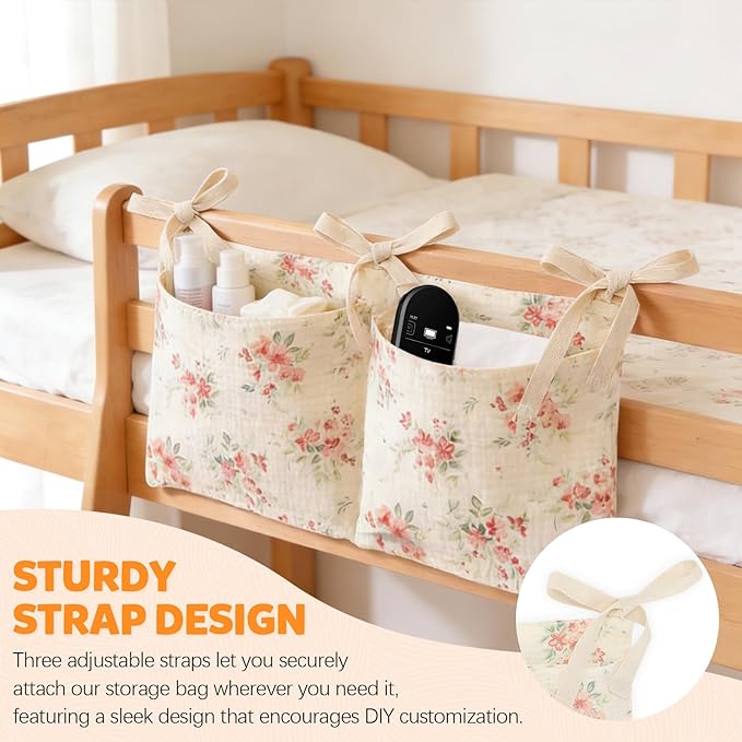 2 Pieces Floral Pattern Bedside Caddy with 2 Pockets, Bedside Hanging Storage Organizer, Dorm Rooms Bunk Bed Storage Bag for Home Phone Remote Control Key Glasses (Beige)