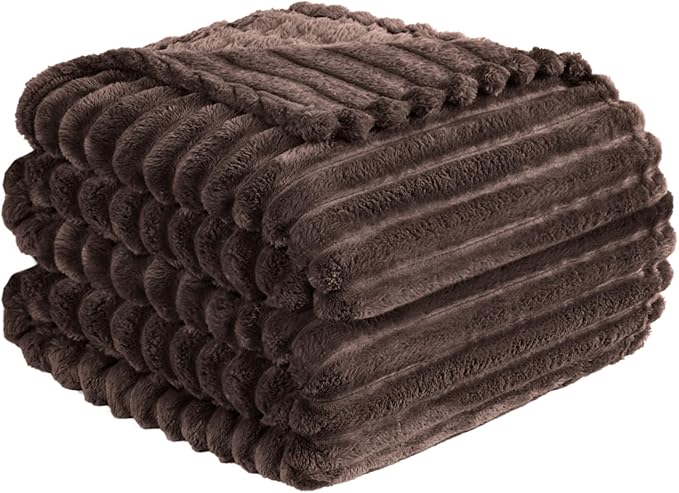 Vessia Flannel Fleece Brown Twin Blanket(60x80inch), 300GSM Striped Blanket for Adults and Kids, Super Soft Warm Cozy Lightweight Home Decor for All-Season