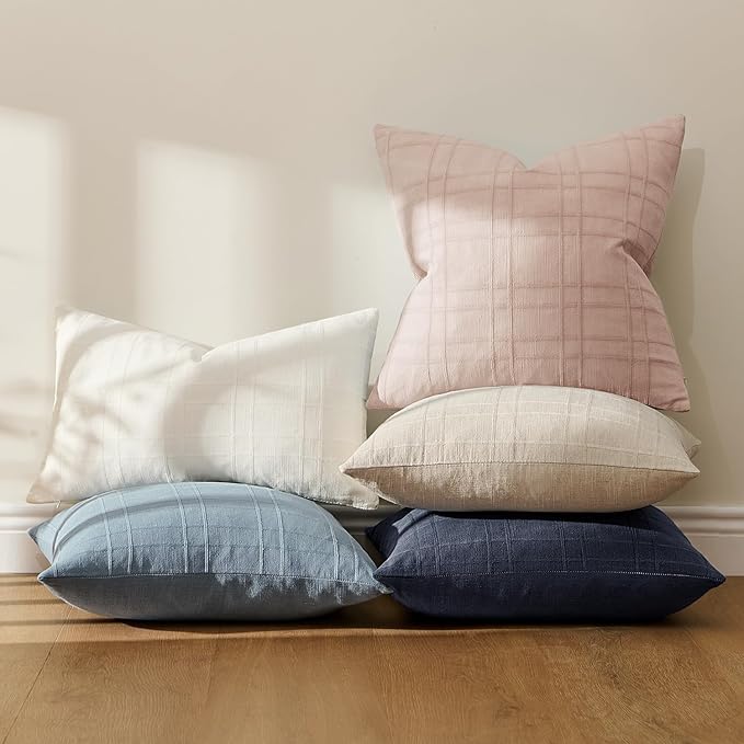 MIULEE Decorative Linen Check Euro Shams Throw Pillow Covers Neutral Farmhouse Vintage Spring Valentine Pillow Covers 22x22 Set of 2 Boho Modern Home Decor for Sofa Couch Bedroom Cushion Light Pink